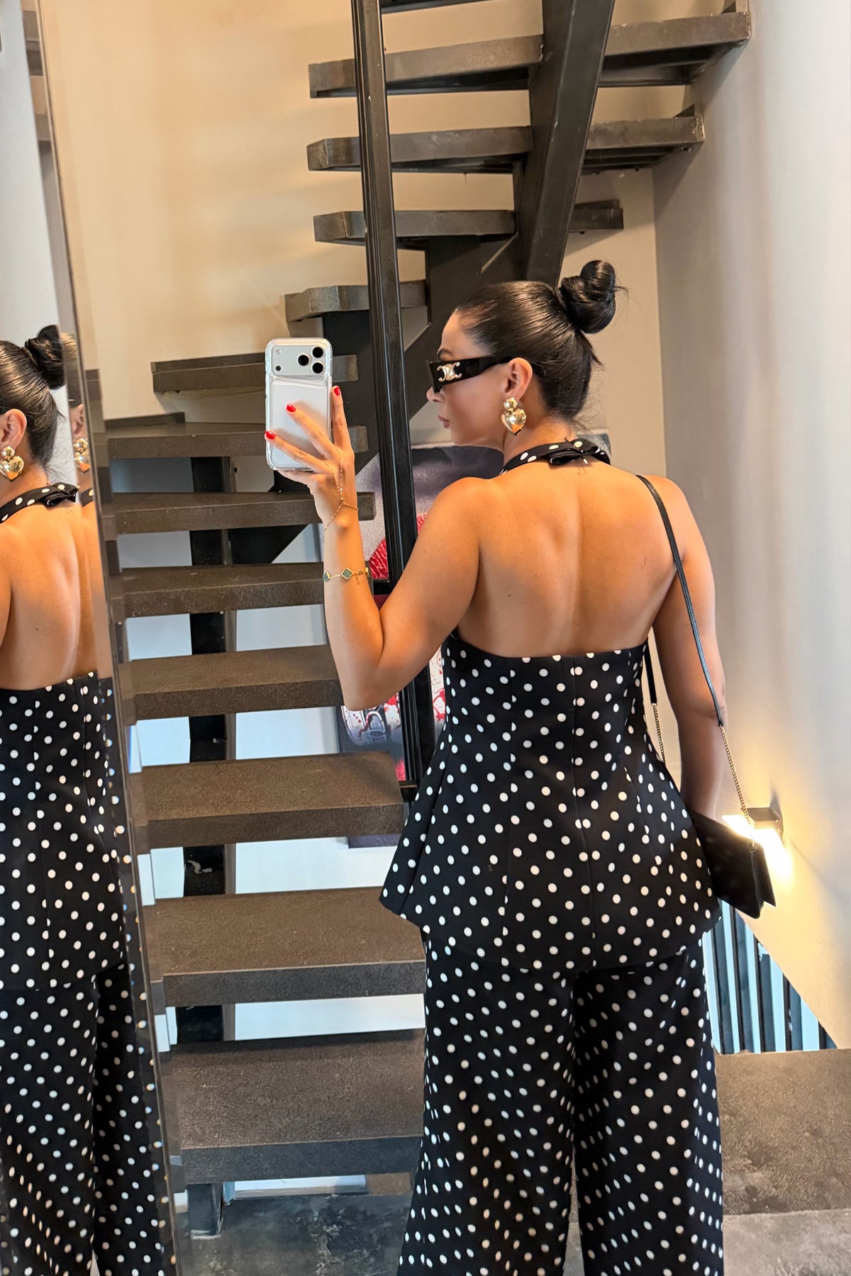Lacivert Puantiyeli Bluz ve Bol Paça Pantolon İkili Takım SY-3738-Lacivert