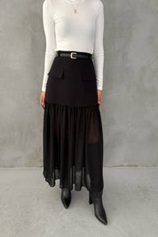 Siyah Tül Garnili Kemerli Midi Etek SY-3394-Siyah