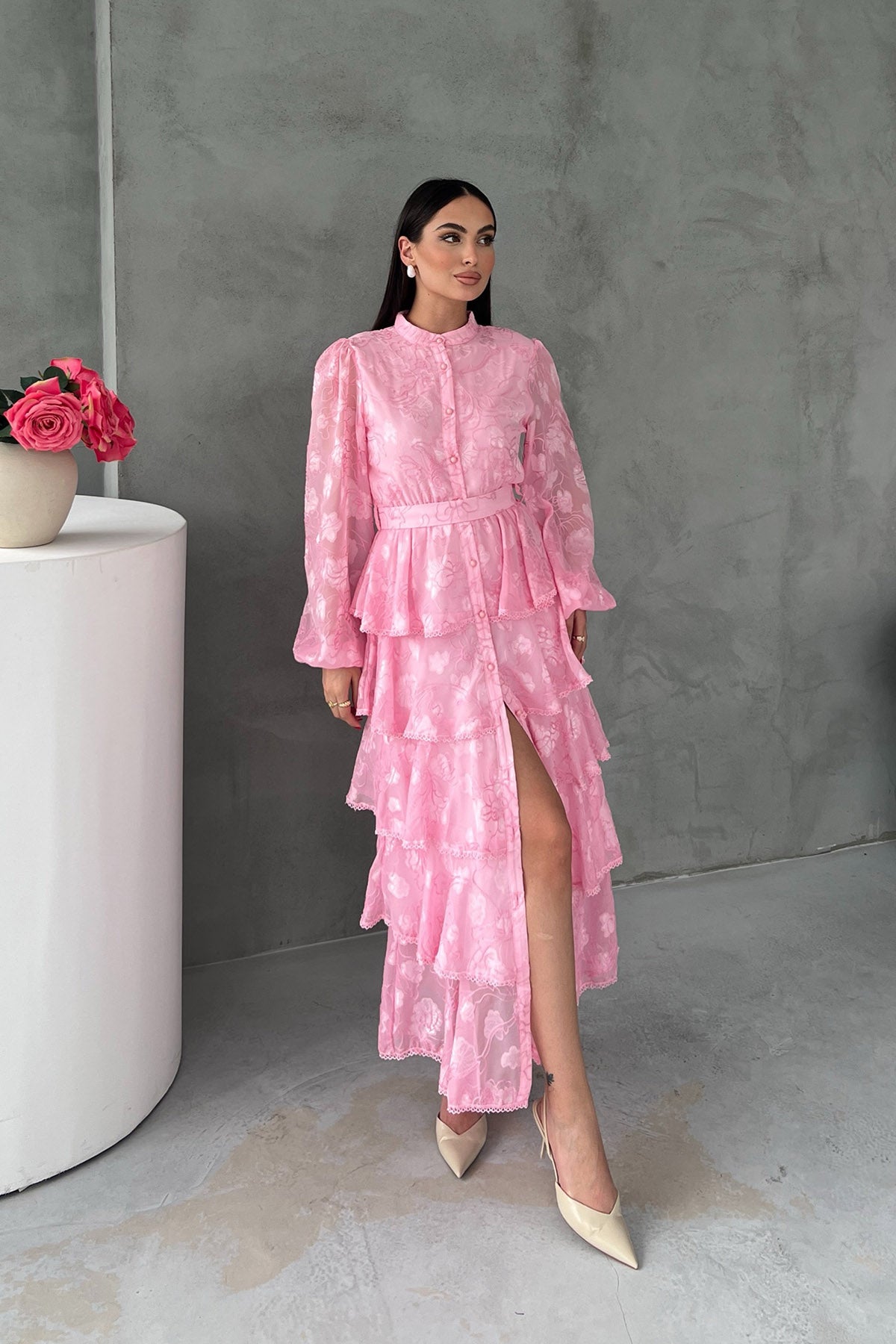 Pembe Valonlu Şerit Detaylı Kat Kat Elbise SY-1747-Şeker Pembe
