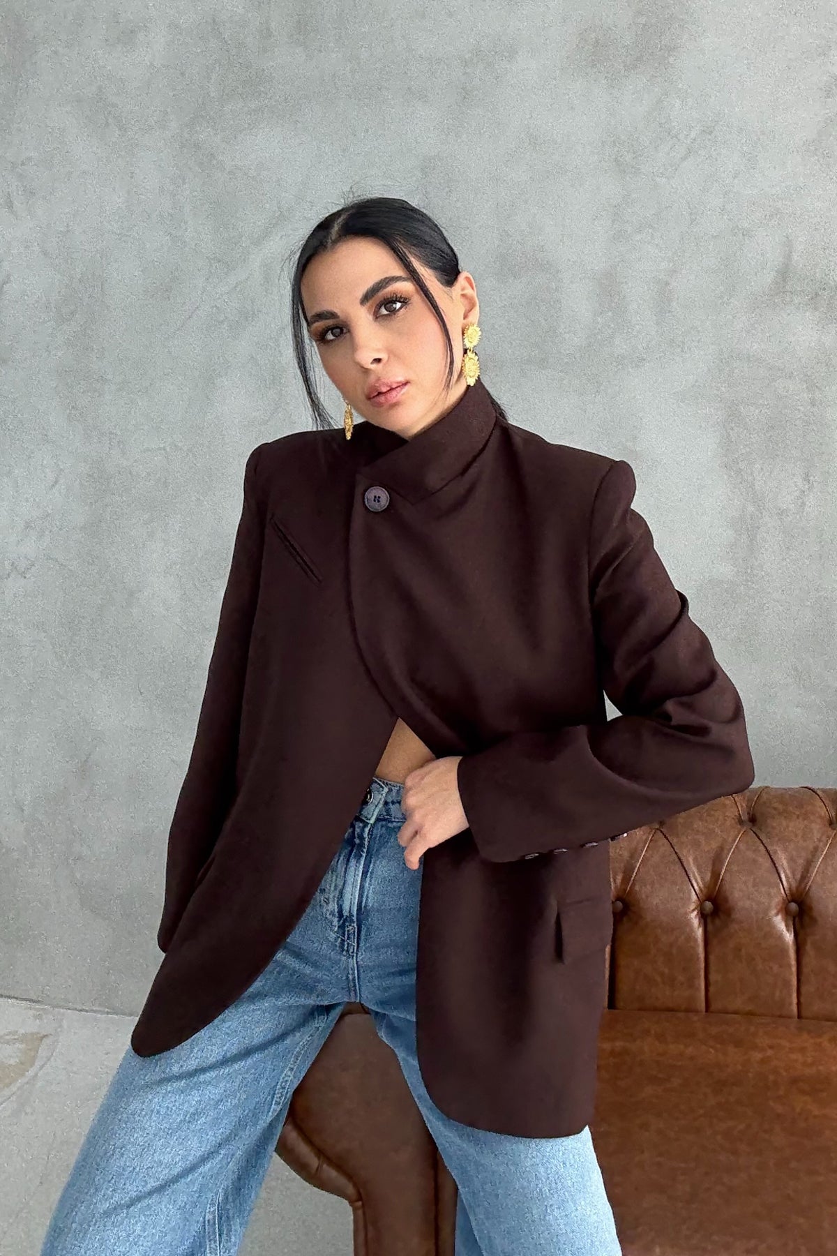 Kahverengi Tek Düğmeli Dik Yaka Detaylı Tasarım Ceket SY-3482-Kahverengi