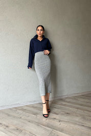 Gümüş Simli Beli Lastikli Kalem Etek SY-1522-Gümüş