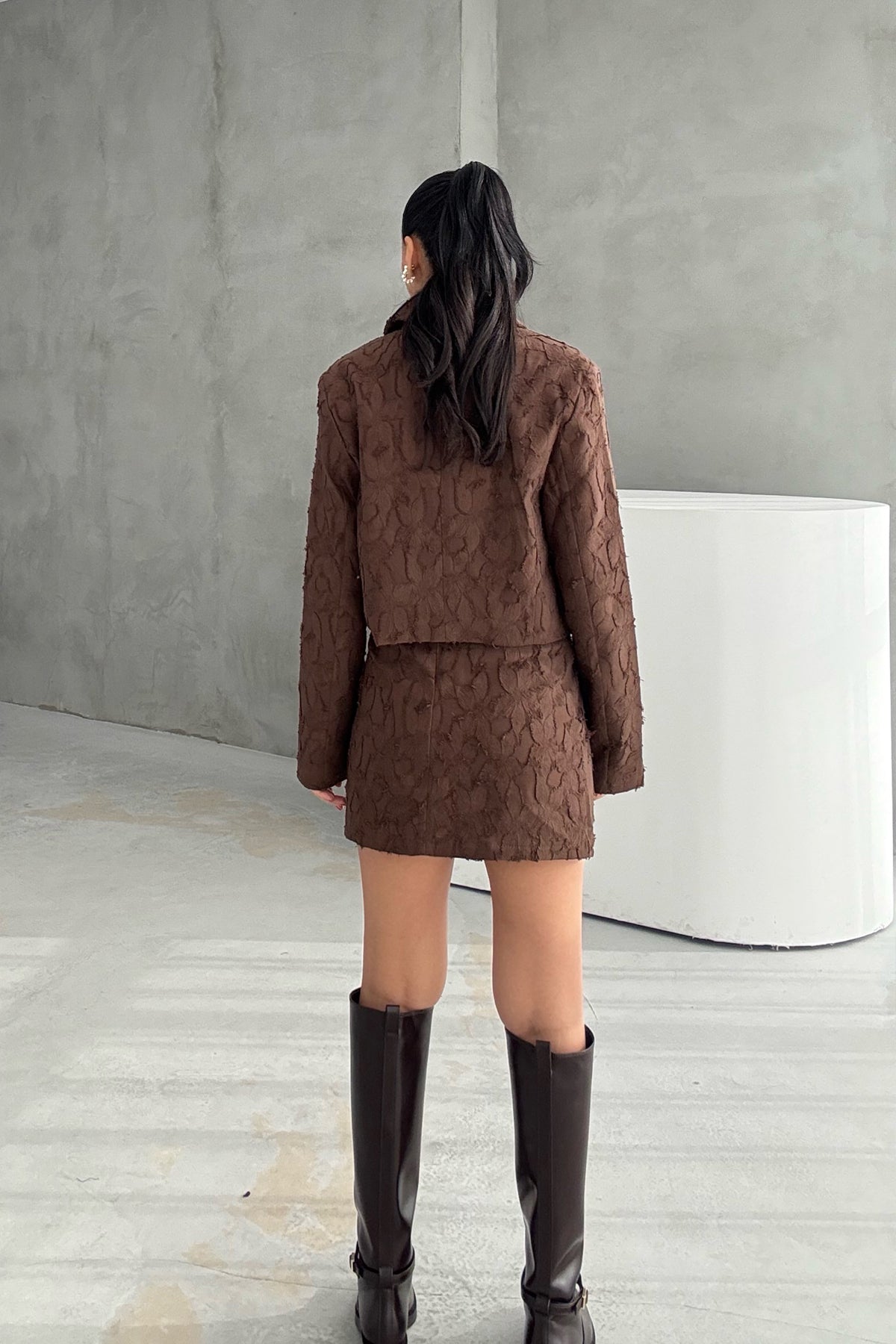 Kahve Jakarlı Etek Ve Ceket Takım SY-3456-Kahve