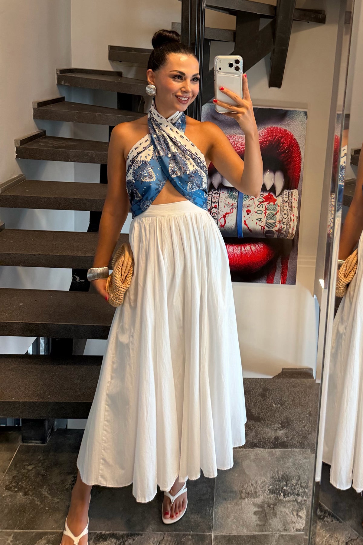 Mavi Çapraz Boyundan Bağlamalı Saten Crop Top SY-3784-Mavi
