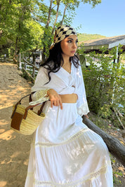 Beyaz Keten Güpür Detaylı Etek Ve Gömlek Takım SY-3231-Beyaz