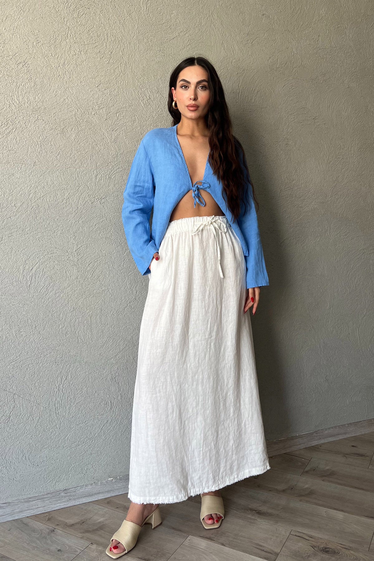 Ekru Beli Bağlama Detaylı Uzun Keten Etek SY-2154-Ekru