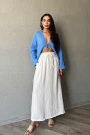 Ekru Beli Bağlama Detaylı Uzun Keten Etek SY-2154-Ekru