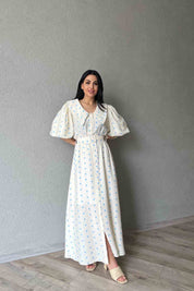 Mavi Puantiye Desenli Düğme Detaylı Balon Kol Elbise SY-1790-Mavi