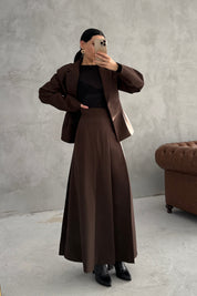 Kahverengi Pli Detaylı Ceket Etek Takım SY-3550-Kahverengi