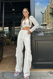 Ekru Kargo Cep Keten Pantolon SY-0713-Ekru