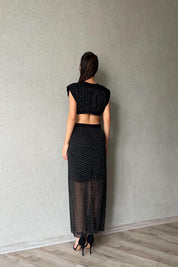 Siyah Puantiyeli Vatkalı Pencere Detaylı Elbise SY-1869-Siyah