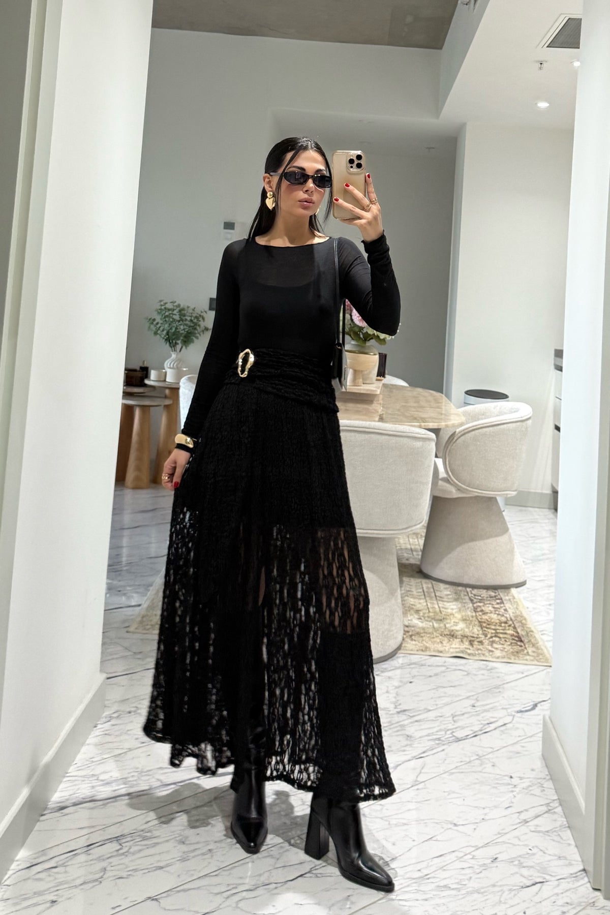 Gold Toka Detaylı Siyah Dantel Etek SY-3546-Siyah