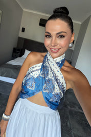 Mavi Çapraz Boyundan Bağlamalı Saten Crop Top SY-3784-Mavi