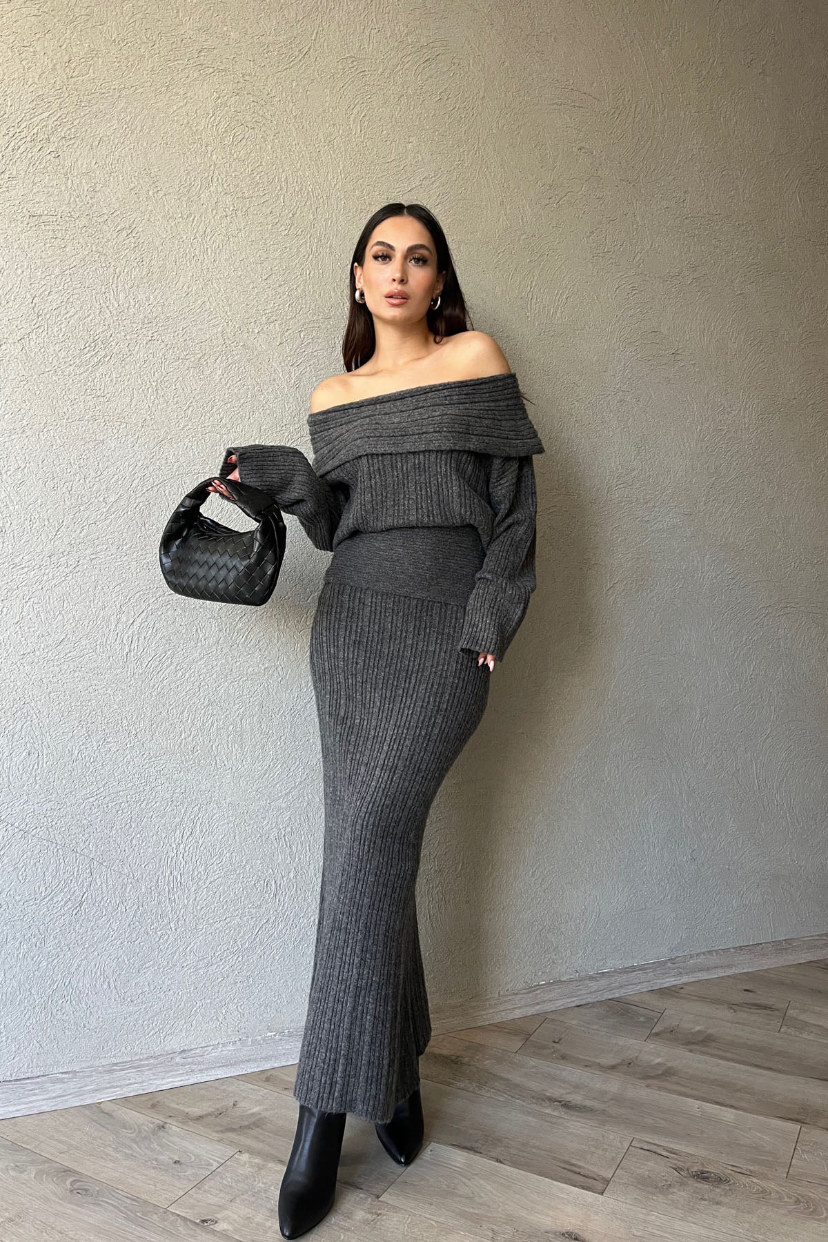 Antrasit Degaje Yaka Kazak ve Etek Triko Takım SY-1555-Antrasit