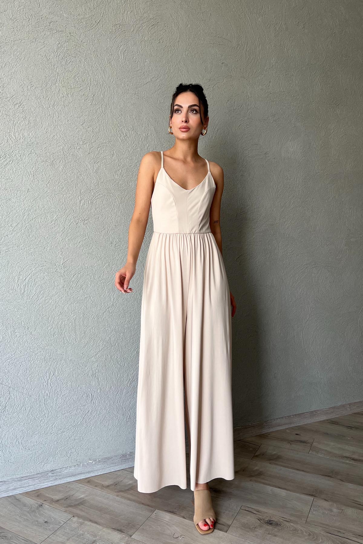 Bej İnce Askı Detaylı Bol Paça Modal Tulum SY-1980-Bej