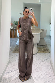 Brown Denim Yelekli Pantolon Takım SY-3853-Kahverengi