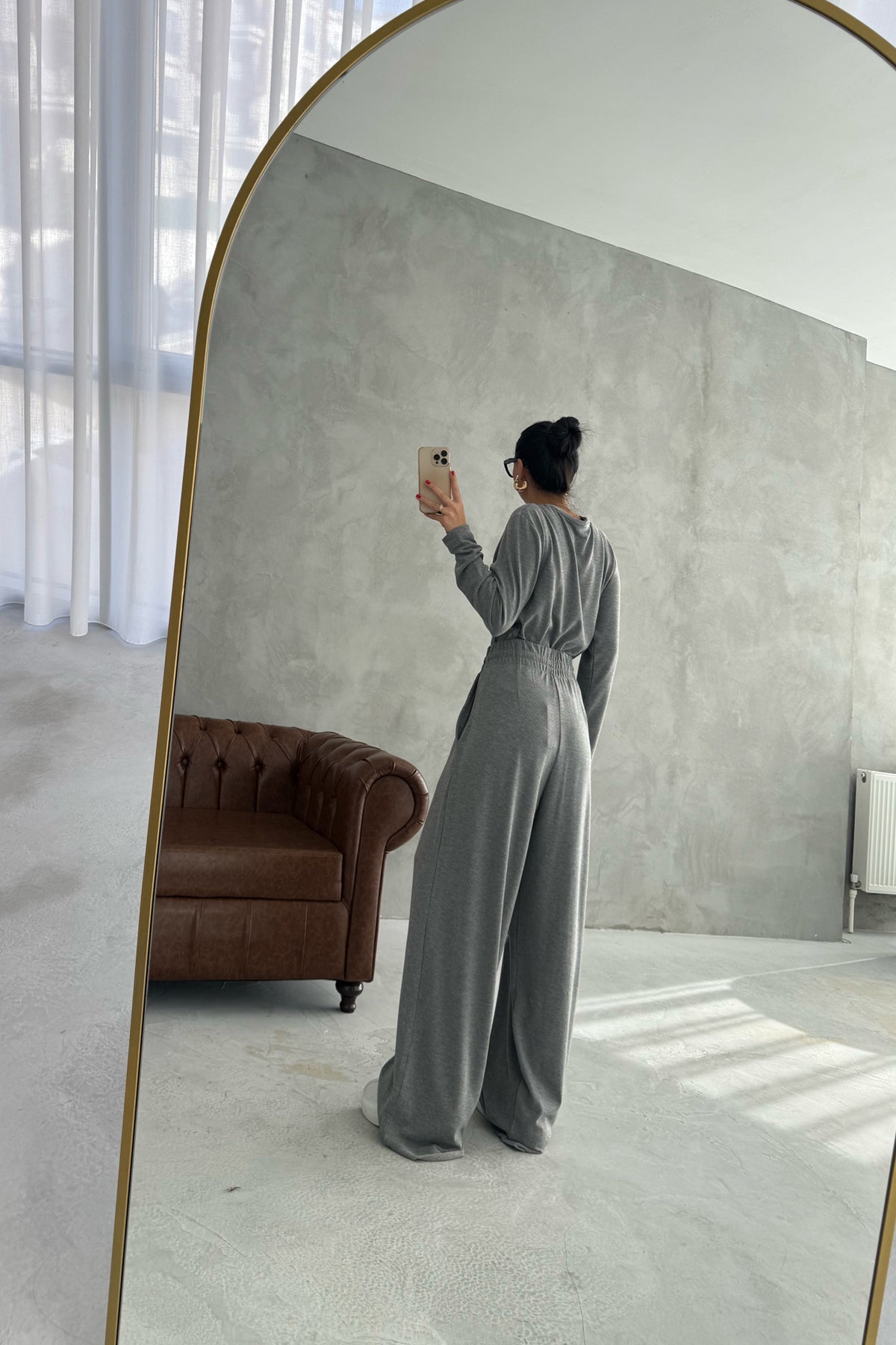 Gri Rahat Kesim Pile Detaylı Eşofman Alt Ve üst Takım SY-3435-Gri