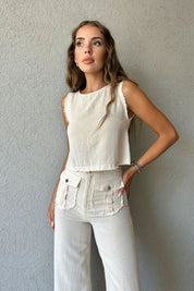 Naturel Keten Dokulu Bluz Pantolon Takım SY-0883- Naturel