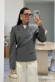 Gri Kruvaze Yandan Düğmeli Blazer Ceket SY-2546-Gri