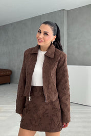 Kahve Jakarlı Etek Ve Ceket Takım SY-3456-Kahve