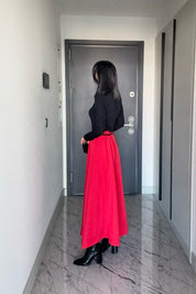 Pilili Volanlı Kırmızı Midi Etek SY-3472-Kırmızı