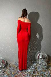 Kırmızı Yaka Detaylı Büzgülü Elbise SY-1427-Kırmızı