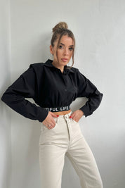 Siyah Slogan ve Lastik Detaylı Vatkalı Crop Gömlek SY-0082-Siyah
