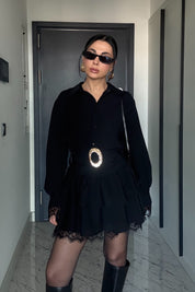 Dantel Detaylı Kemerli Siyah Mini Elbise SY-3490-Siyah