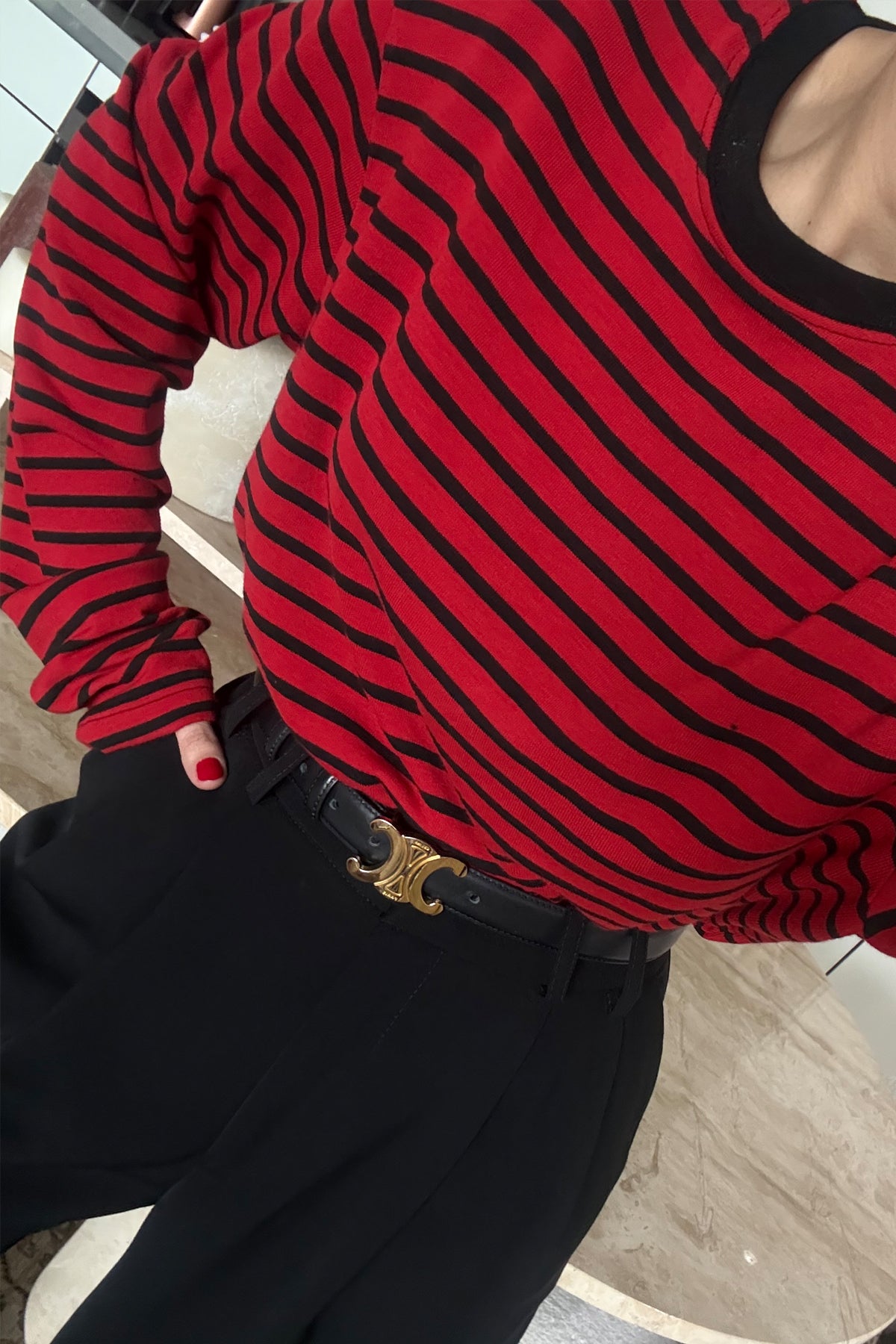 Kırmızı-Siyah Biisiklet Yaka Çizgili Likralı Uzun Kollu T-Shirt SY-3645-Kırmızı