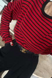 Kırmızı-Siyah Biisiklet Yaka Çizgili Likralı Uzun Kollu T-Shirt SY-3645-Kırmızı