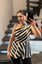 Premium Seri Tek Omuz Saten Bluz Siyah Krem SY-3696-Siyah