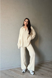 Krem Fermuarlı Fitilli Oversize Kazak ve Pantolon Takımı SY-1257-Krem