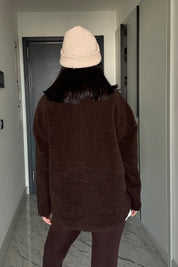 Kahverengi Dik Yaka Peluş Sweat SY-3510-Kahverengi