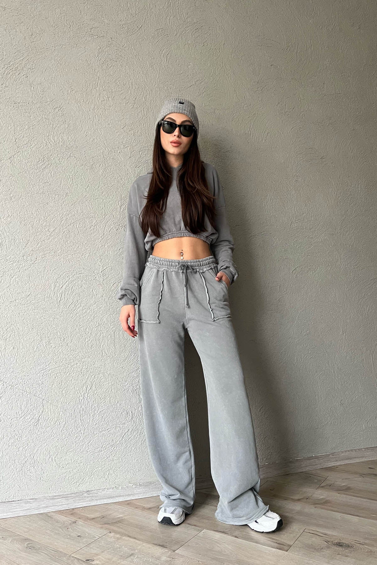 Gri Bol Paça Cep Detaylı Eskitme Eşofman Altı SY-1684-Gri