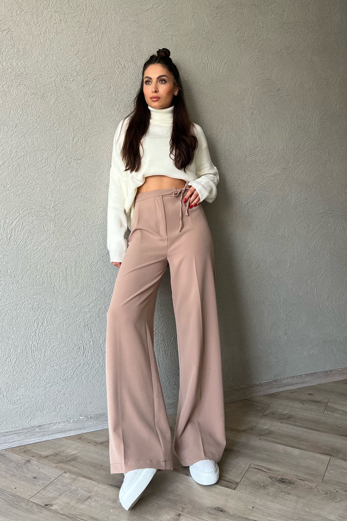 Vizon Beli İpli Tek Pileli Bol Paça Pantolon SY-1351-Vizon