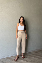 Bej Beli Lastikli Şalvar Pantolon SY-1487-Bej