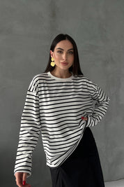 Beyaz Siyah Çizgili Bisiklet Yaka Uzun Kol T-shirt SY-2938-Siyah