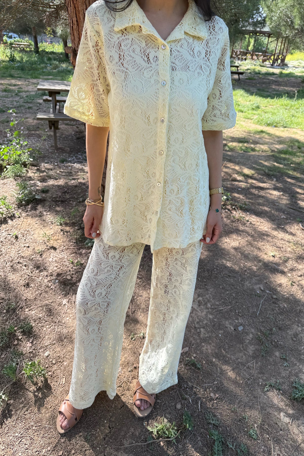 Sarı Dantelli Gömlek Pantolon Takım SY-3145-Sarı