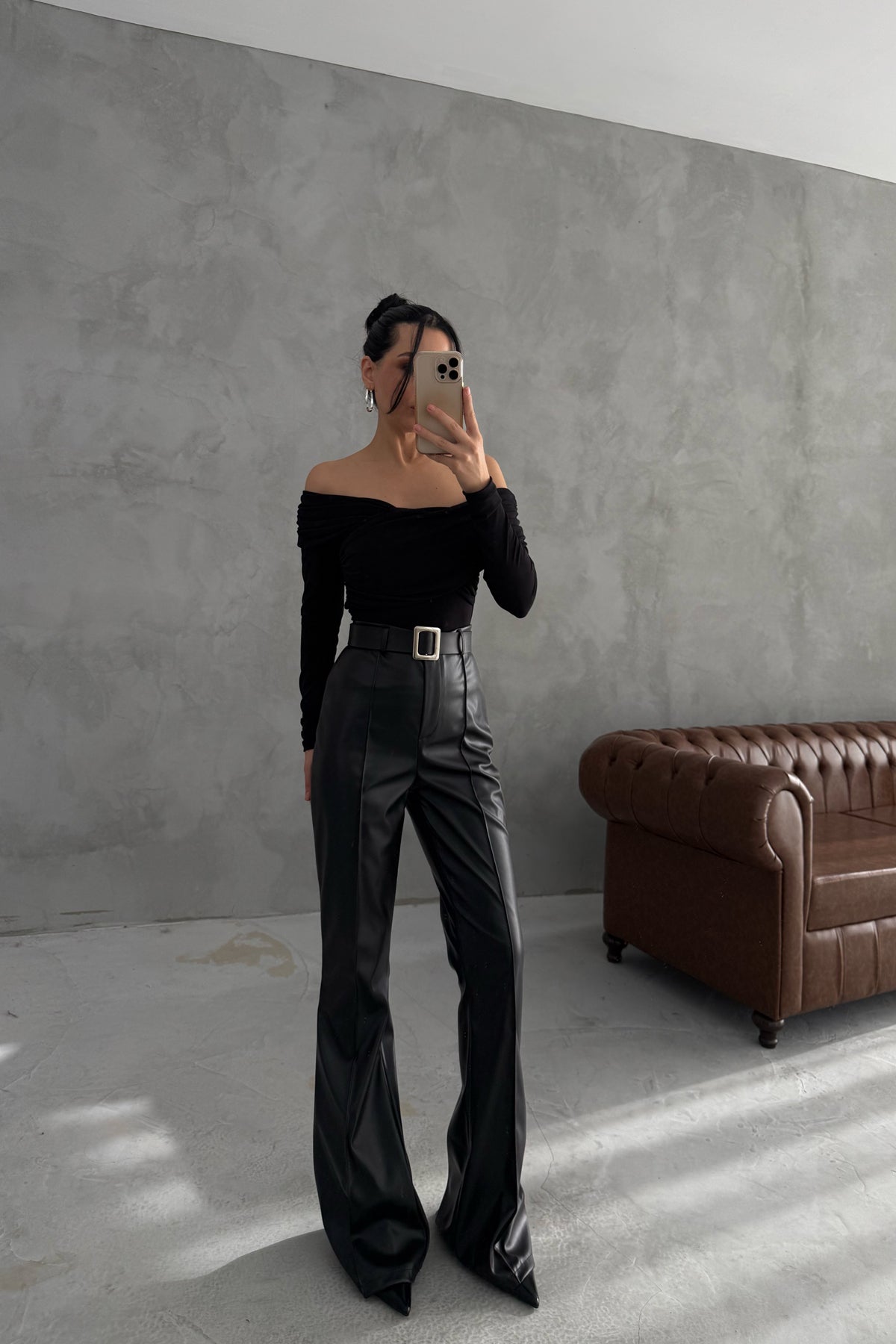 Likya İspanyol Paça Siyah Kemerli Deri Pantolon SY-3487-Siyah