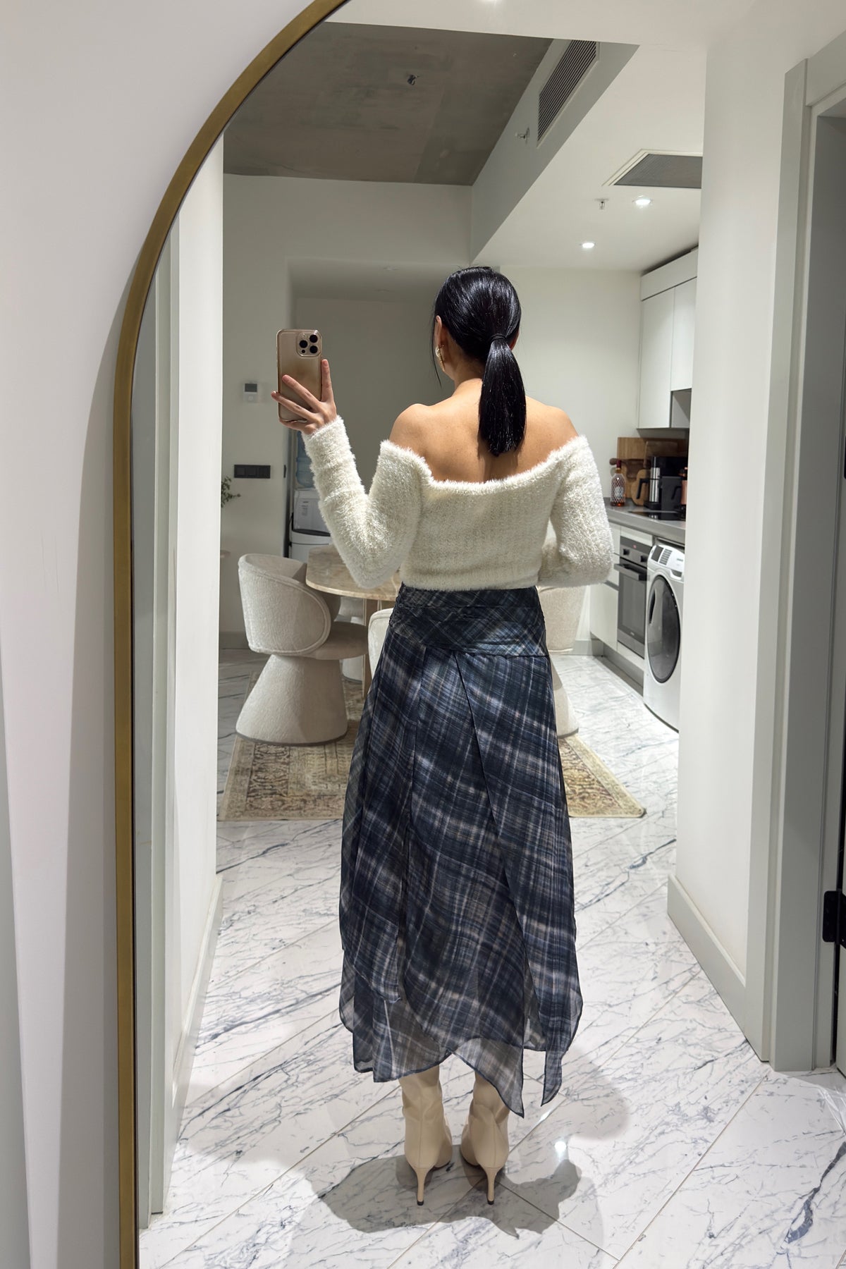 Ekosen Asimetrik Mavili-Yeşil Çizgili Etek SY-3599-Mavi