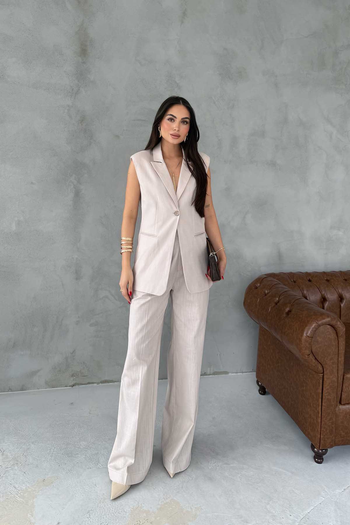 Woman's Taş Keten Yelek Ve Pantolon Takım SY-3061-Taş