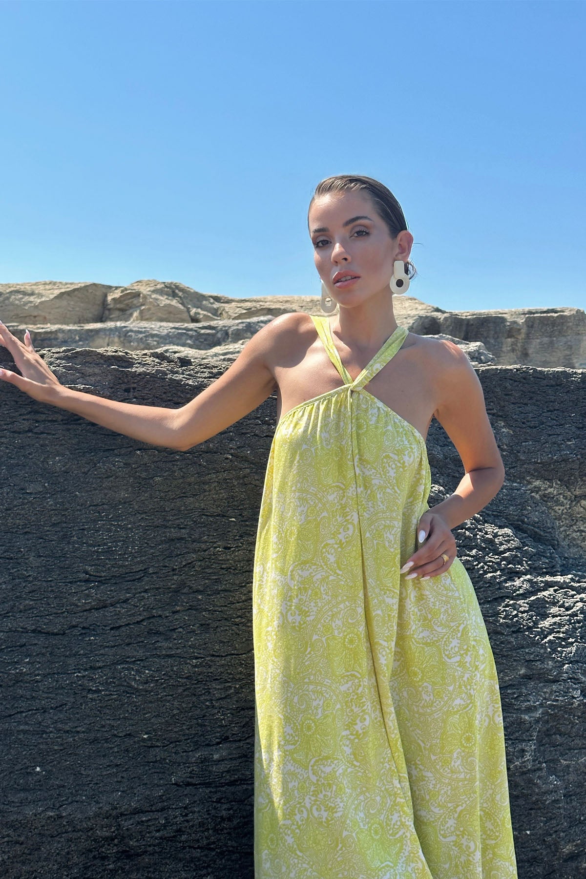 Sarı Çapraz Yaka Salaş Midi Elbise SY-0782-Sarı