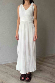 Beyaz Örme Detaylı Müslin Midi Boy Elbise SY-1982-Beyaz