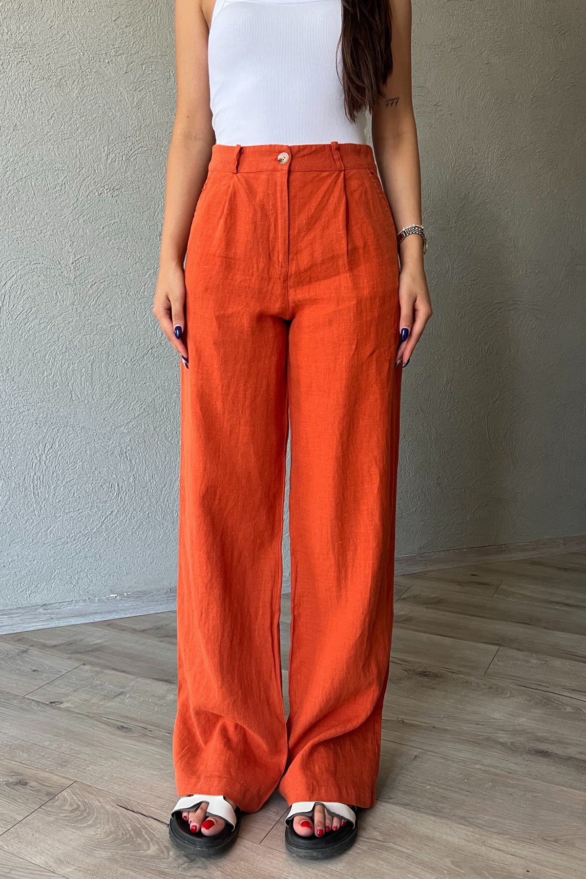 Kiremit Önü Pileli Keten Pantolon SY-2262-Kiremit