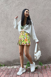 Renkli Çiçek Desenli Pileli Mini Etek SY-0332-Renkli