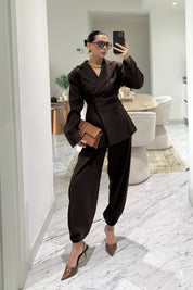 Kahverengi Beli Drapeli Ceket Ve Şalvar Pantolon Takım SY-3608-Kahverengi