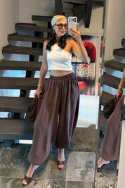 Kahverengi Beli Lastikli Şalvar Pantolon SY-3761-Kahverengi