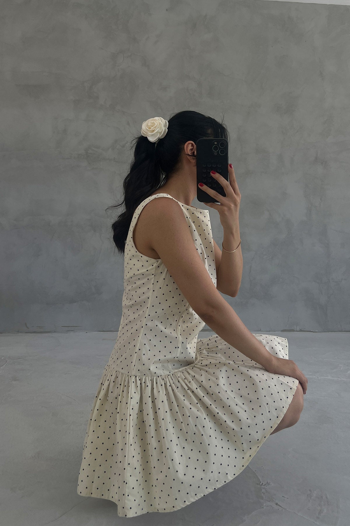 Bej Sırt Dekolteli Puantiyeli Mini Elbise SY-3256-Bej