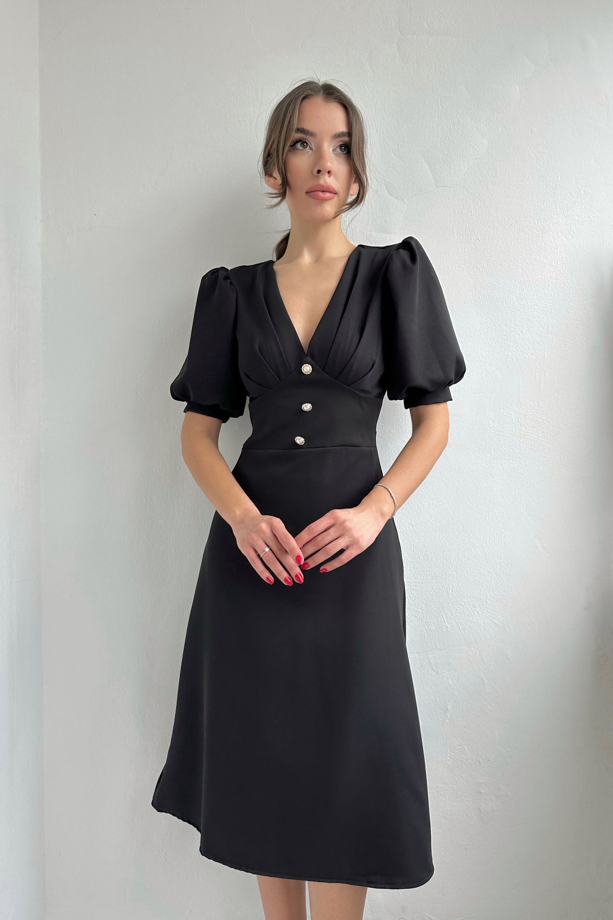 Siyah İnci Düğme Detay Elbise SY-0351-Siyah