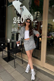 Gri İnci Detaylı Denim Etek Ceket Takım SY-1976-Gri