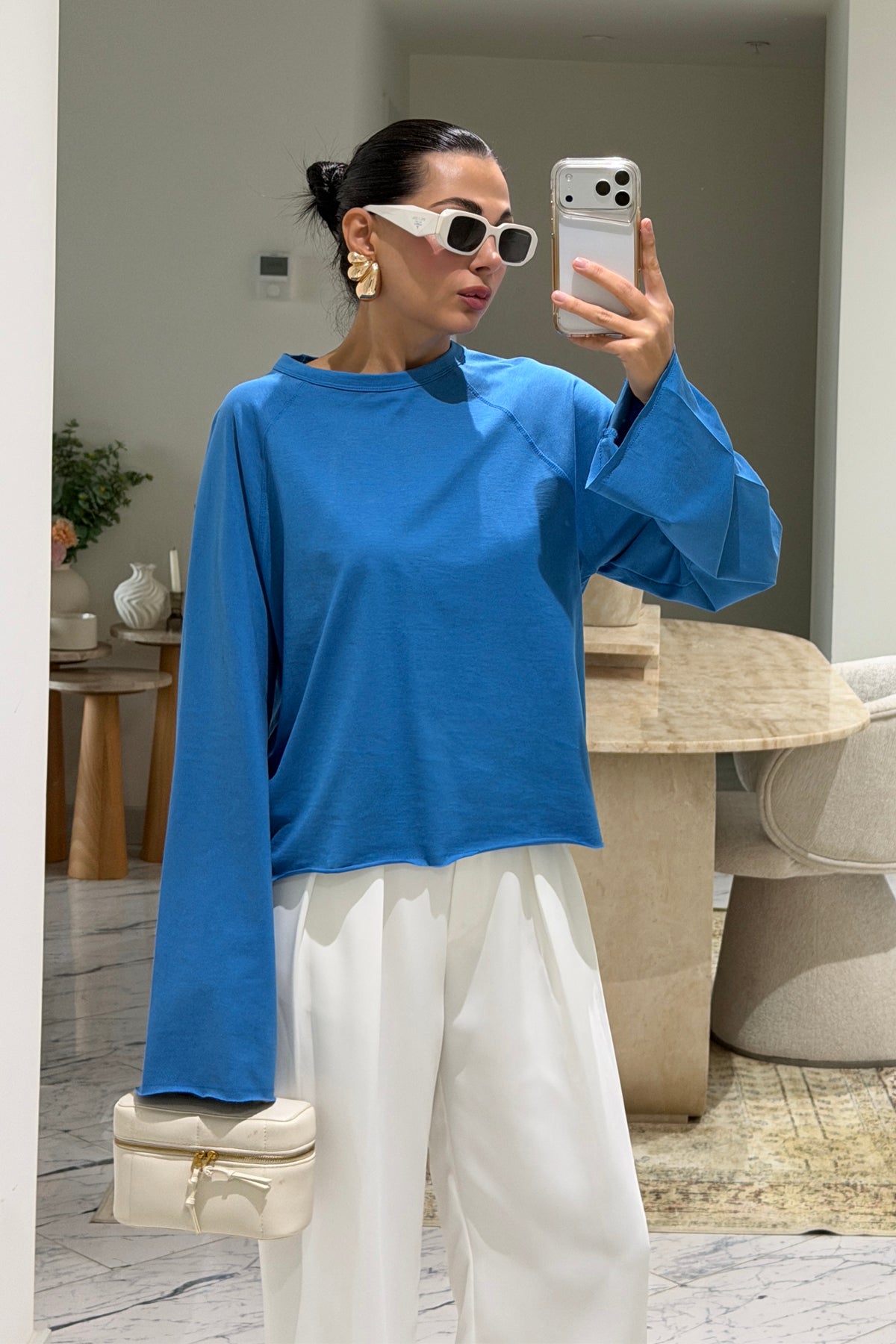 Mavi Oversize İspanyol Kol Basic T-Shirt SY-3846-Mavi